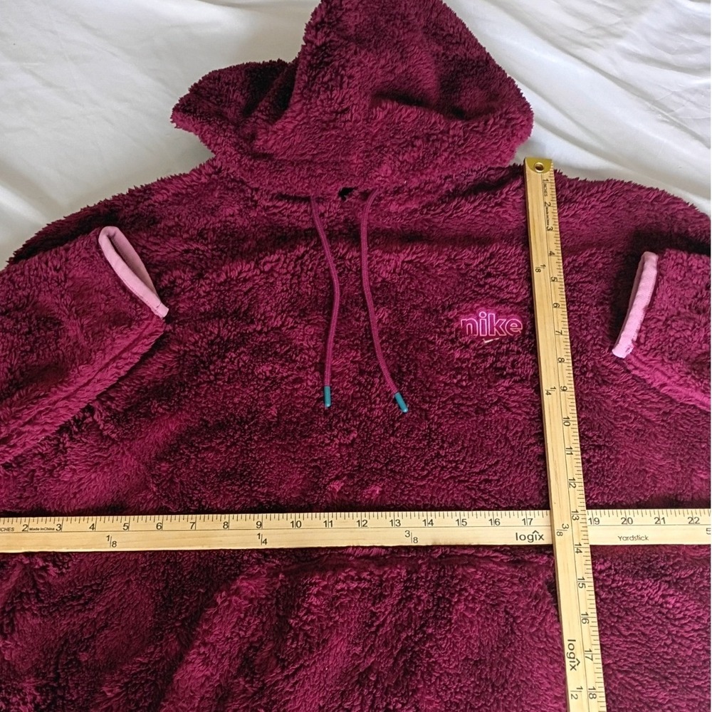 Nike Fleece Hoodie Women Size L Burgundy Excellent Faux Fur Plush Logo Pullover